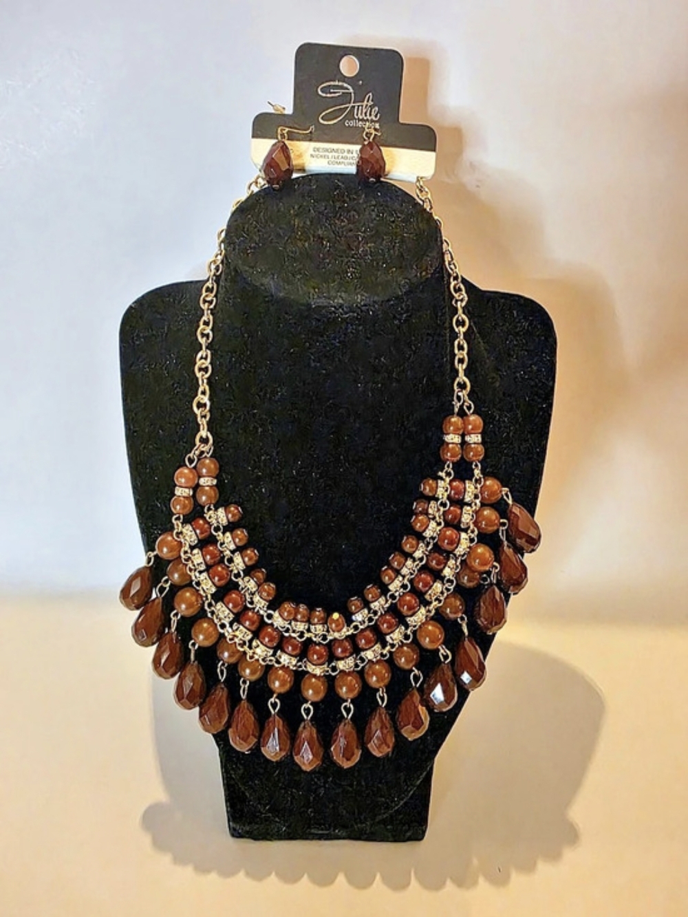 Julie Collection Layered Statement Necklace in Brown & Gold